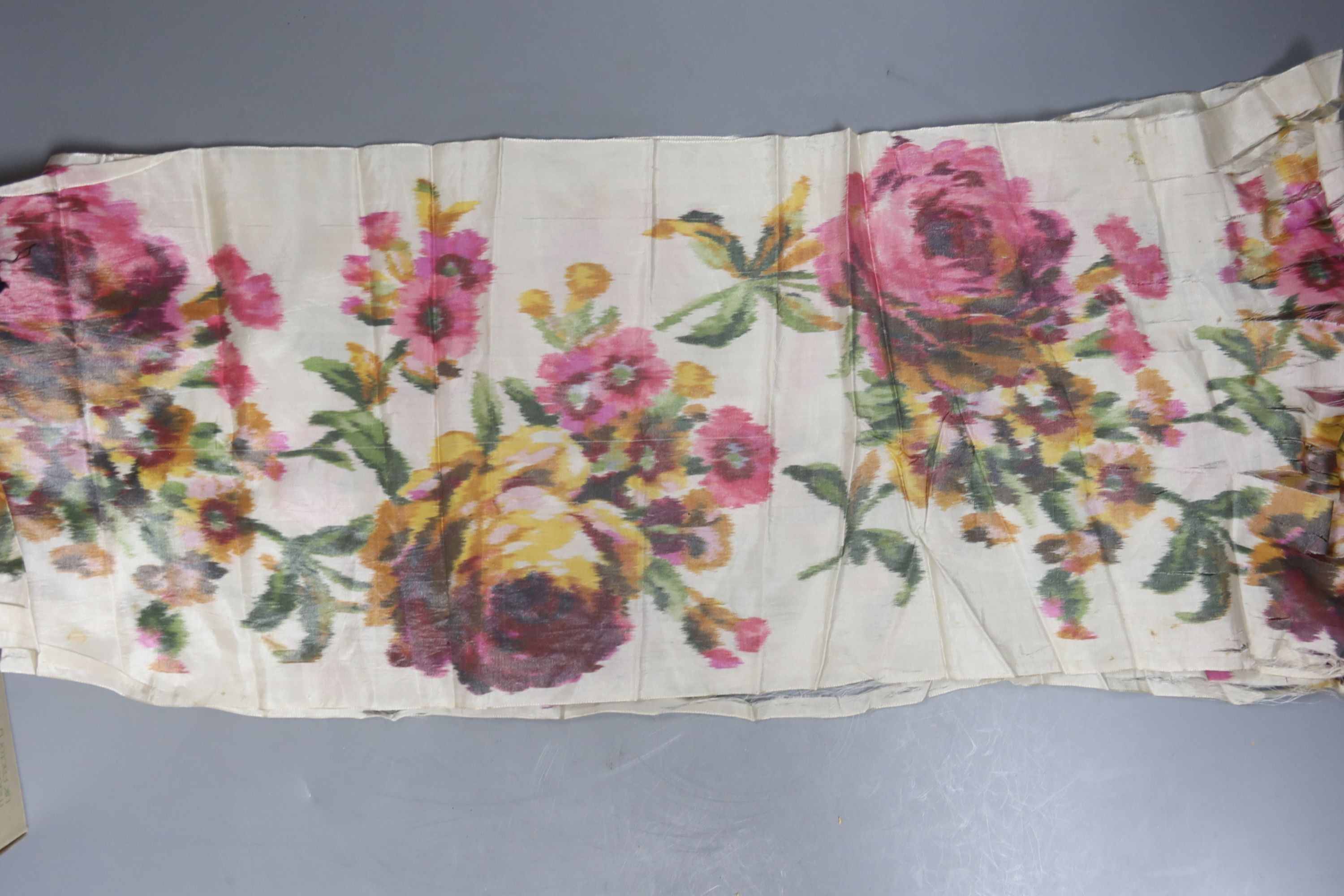 A collection of crepe de chine hankies and ribbon fabrics etc
